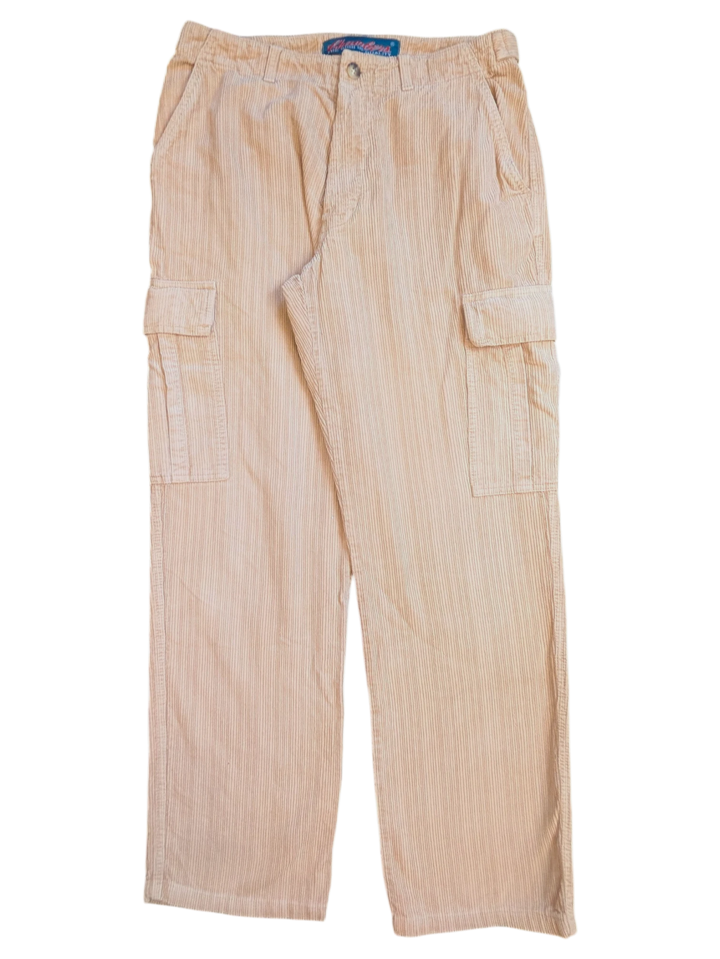 JAKE & IPI peach corduroy cargo pants with button and zip closure, featuring side pockets and two cargo pockets.