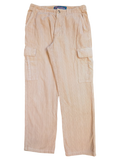 JAKE & IPI peach corduroy cargo pants with button and zip closure, featuring side pockets and two cargo pockets.
