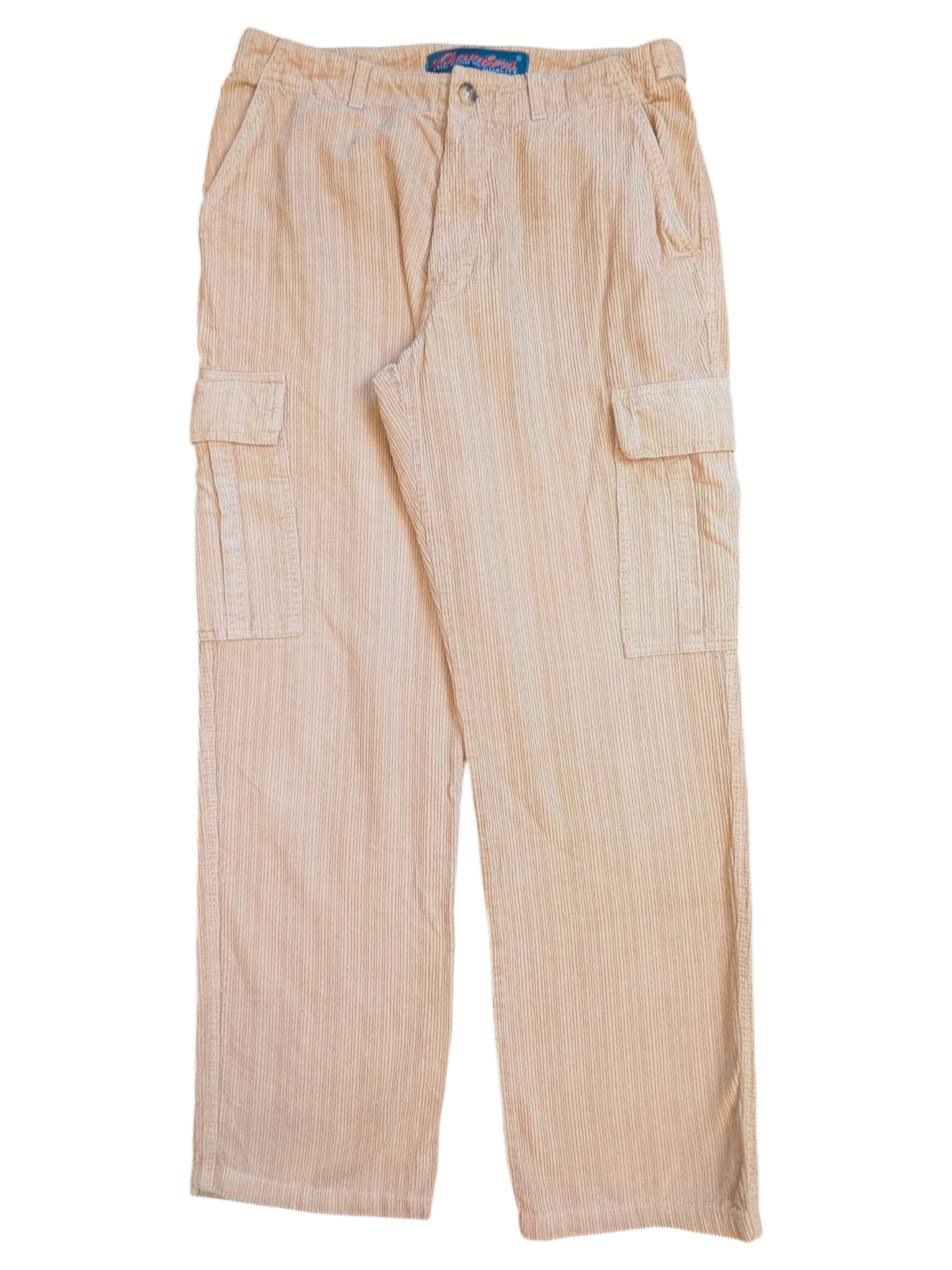 JAKE & IPI peach corduroy cargo pants with button and zip closure, featuring side pockets and two cargo pockets.