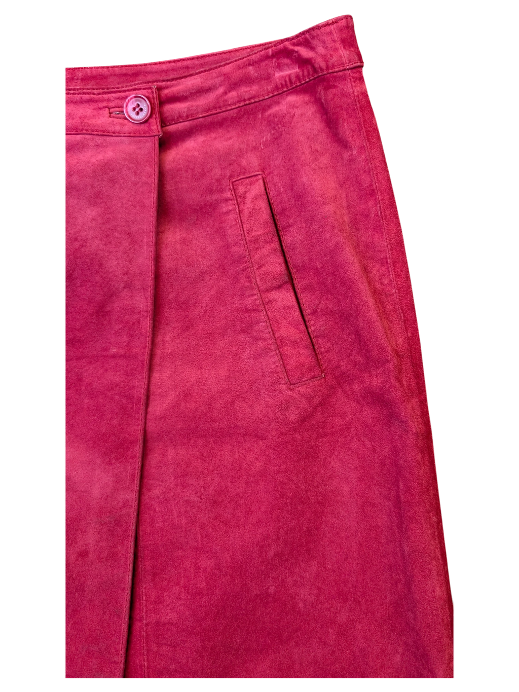 JAKE & IPI Josephine's and Co hot pink suede leather skirt with button closure and side pocket detail.