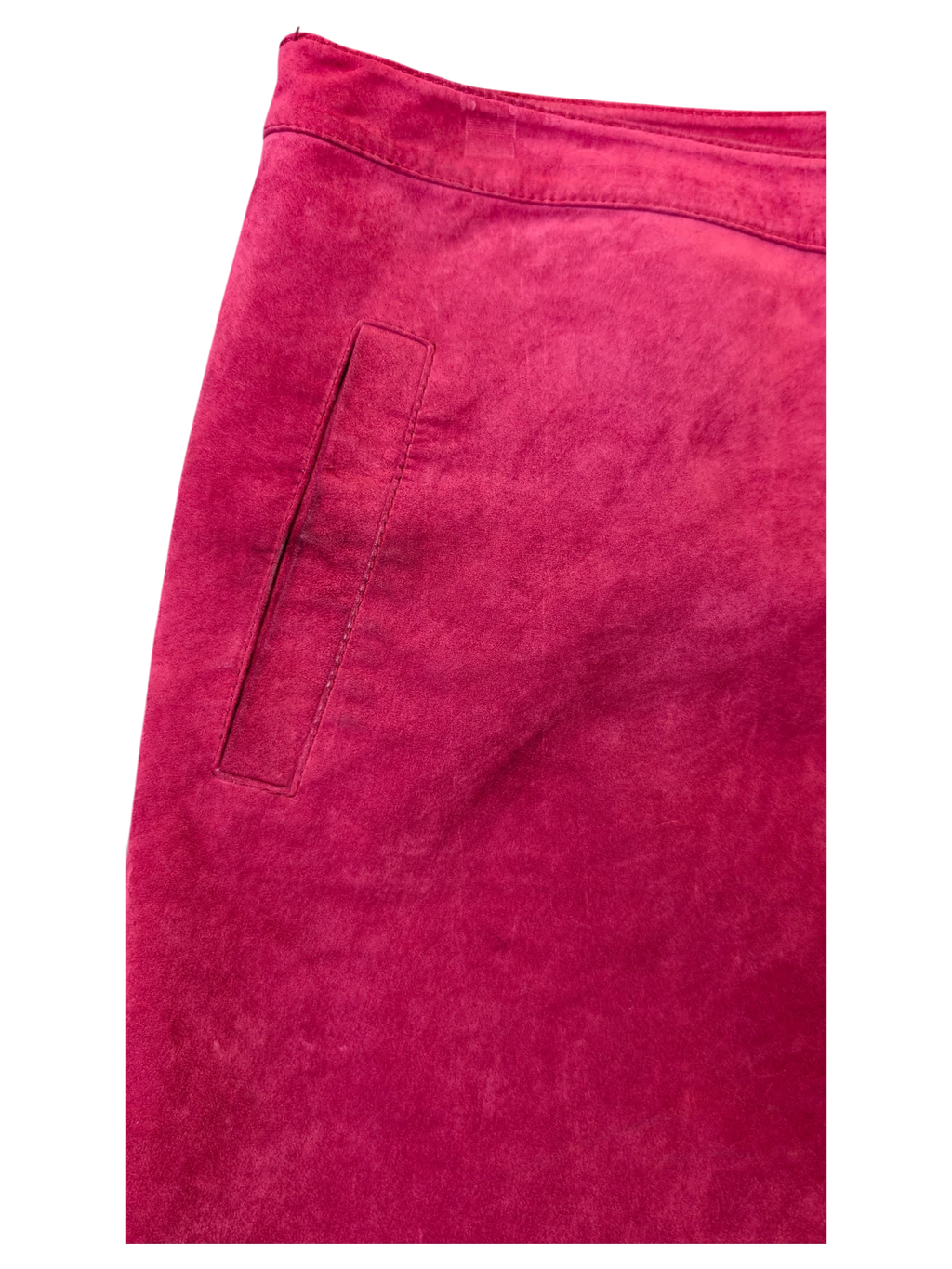 JAKE & IPI hot pink suede leather skirt with a structured waistband and side pocket detail.