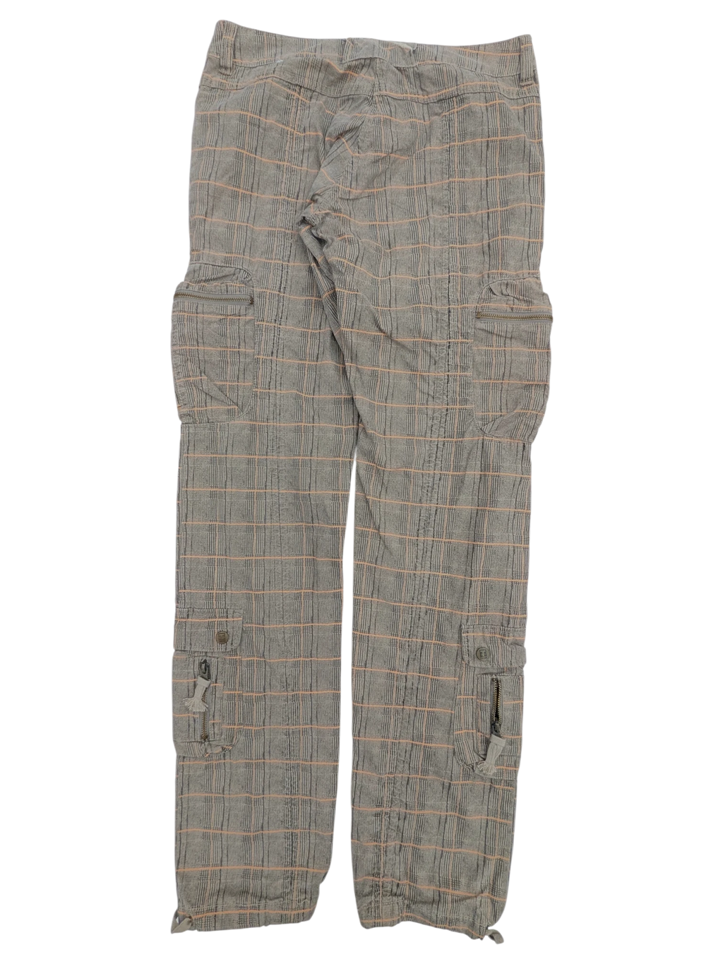 JAKE & IPI grey and pink plaid cargo pants with multiple pockets and drawstring ankles.