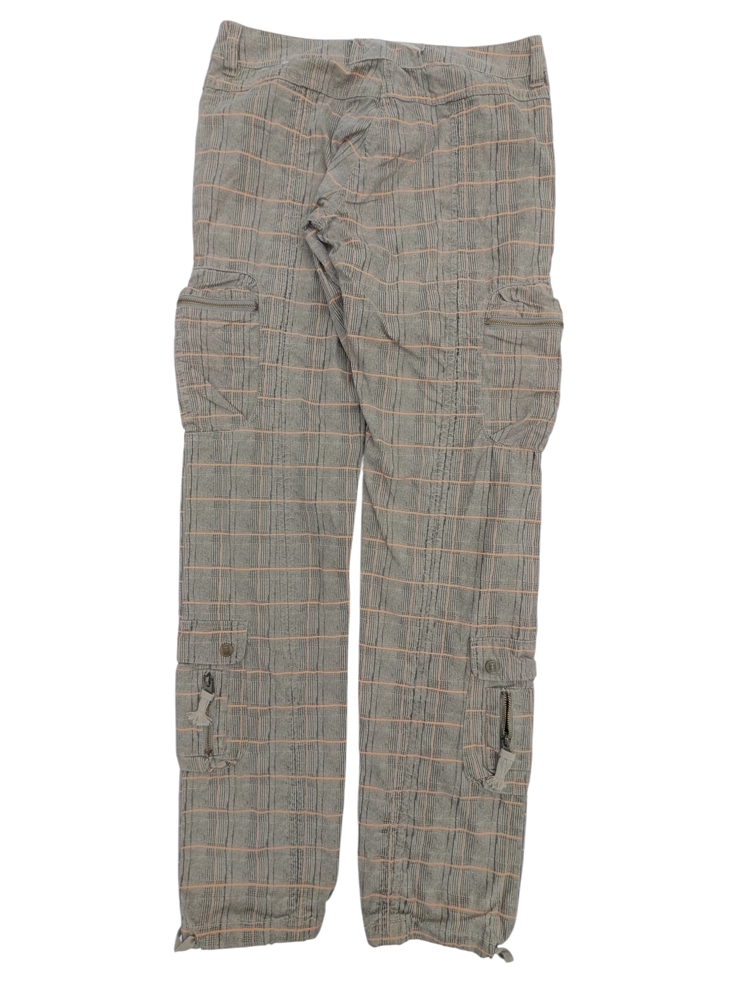 JAKE & IPI grey and pink plaid cargo pants with multiple pockets and drawstring ankles.