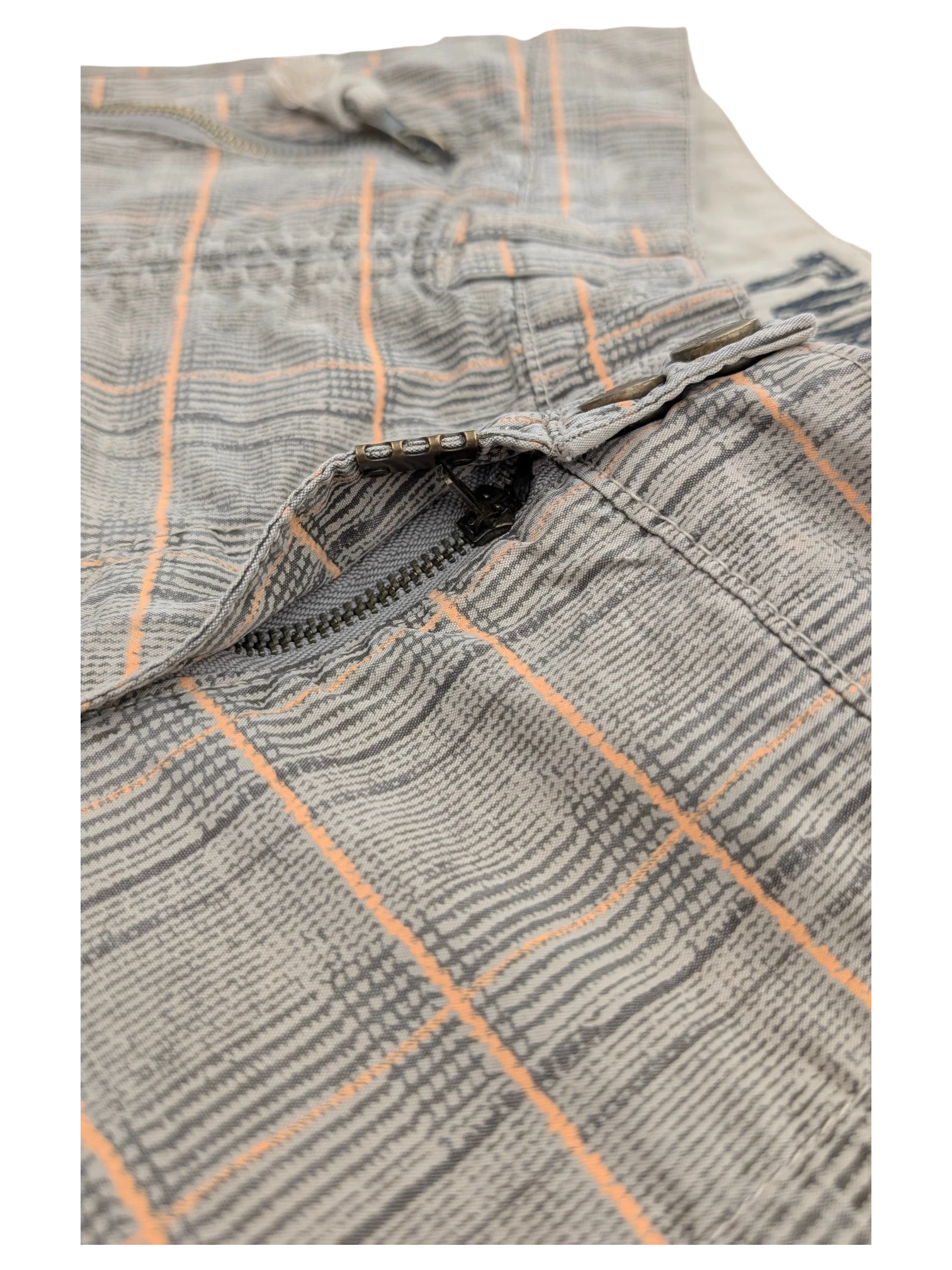 JAKE & IPI grey and orange plaid cargo pants with zipper detail and drawstring waist.