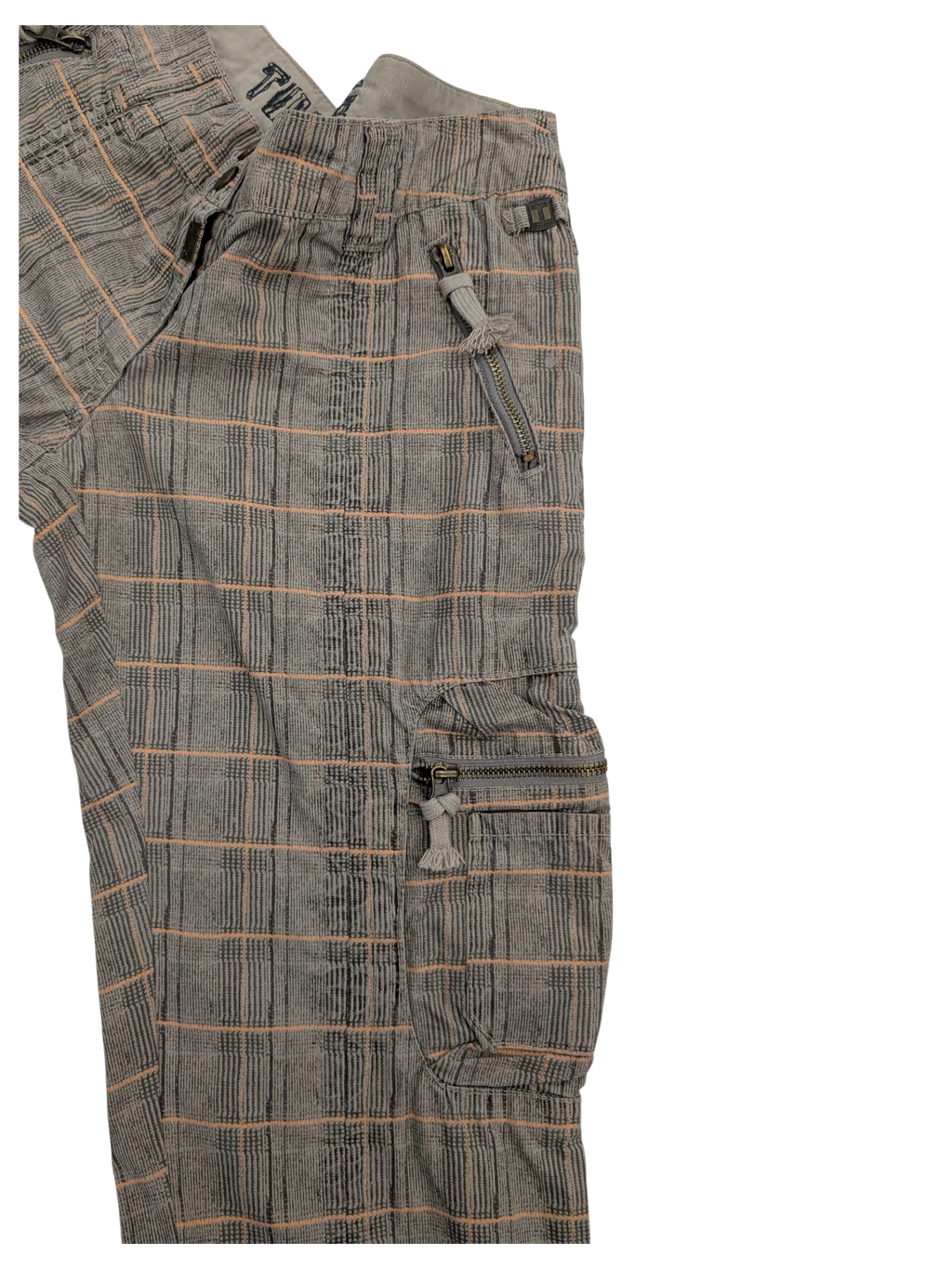 JAKE & IPI grey plaid cargo pants with orange and black stripes, featuring zippered pockets and adjustable waist tabs.