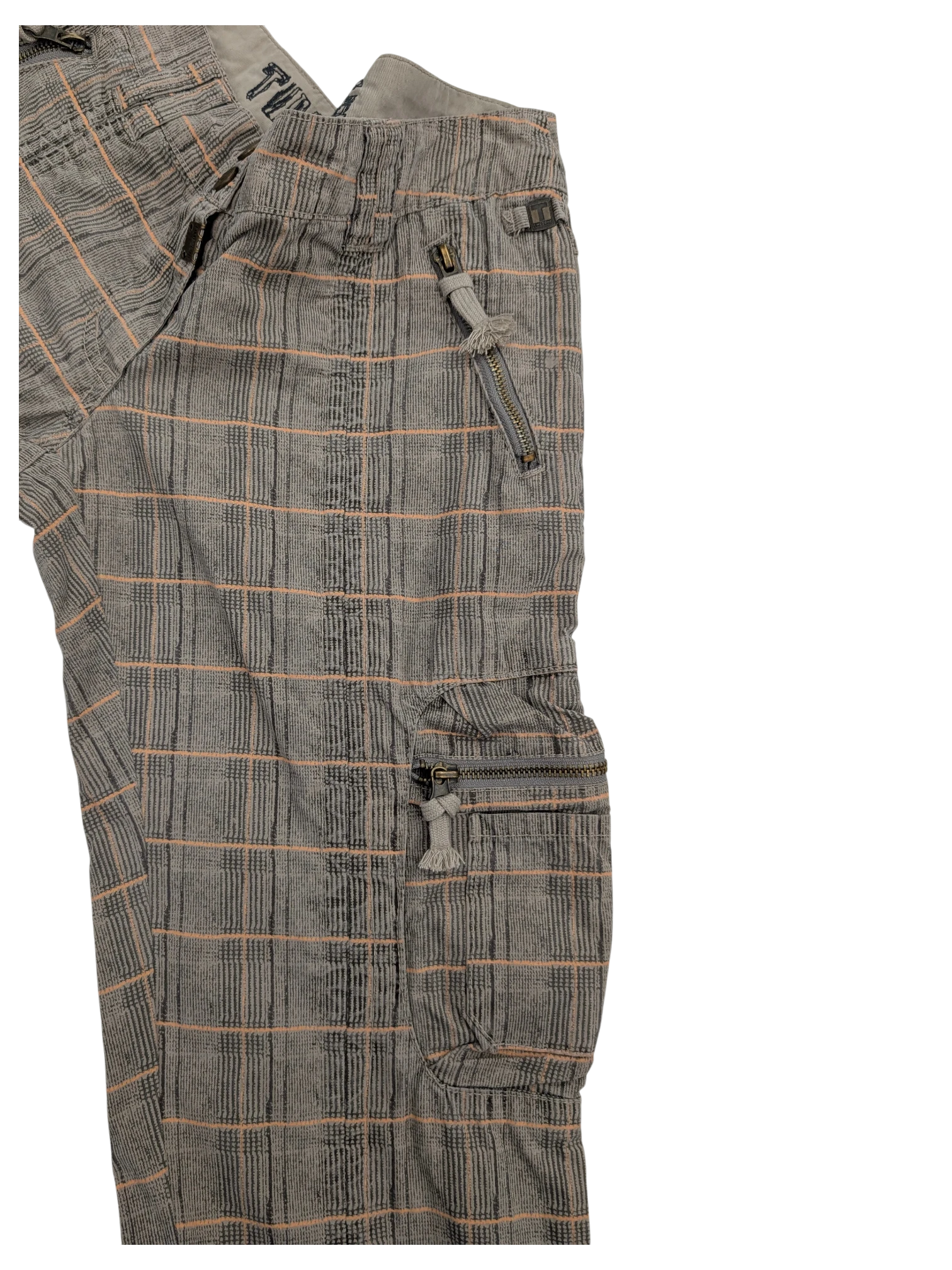 JAKE & IPI grey plaid cargo pants with orange and black stripes, featuring zippered pockets and adjustable waist tabs.