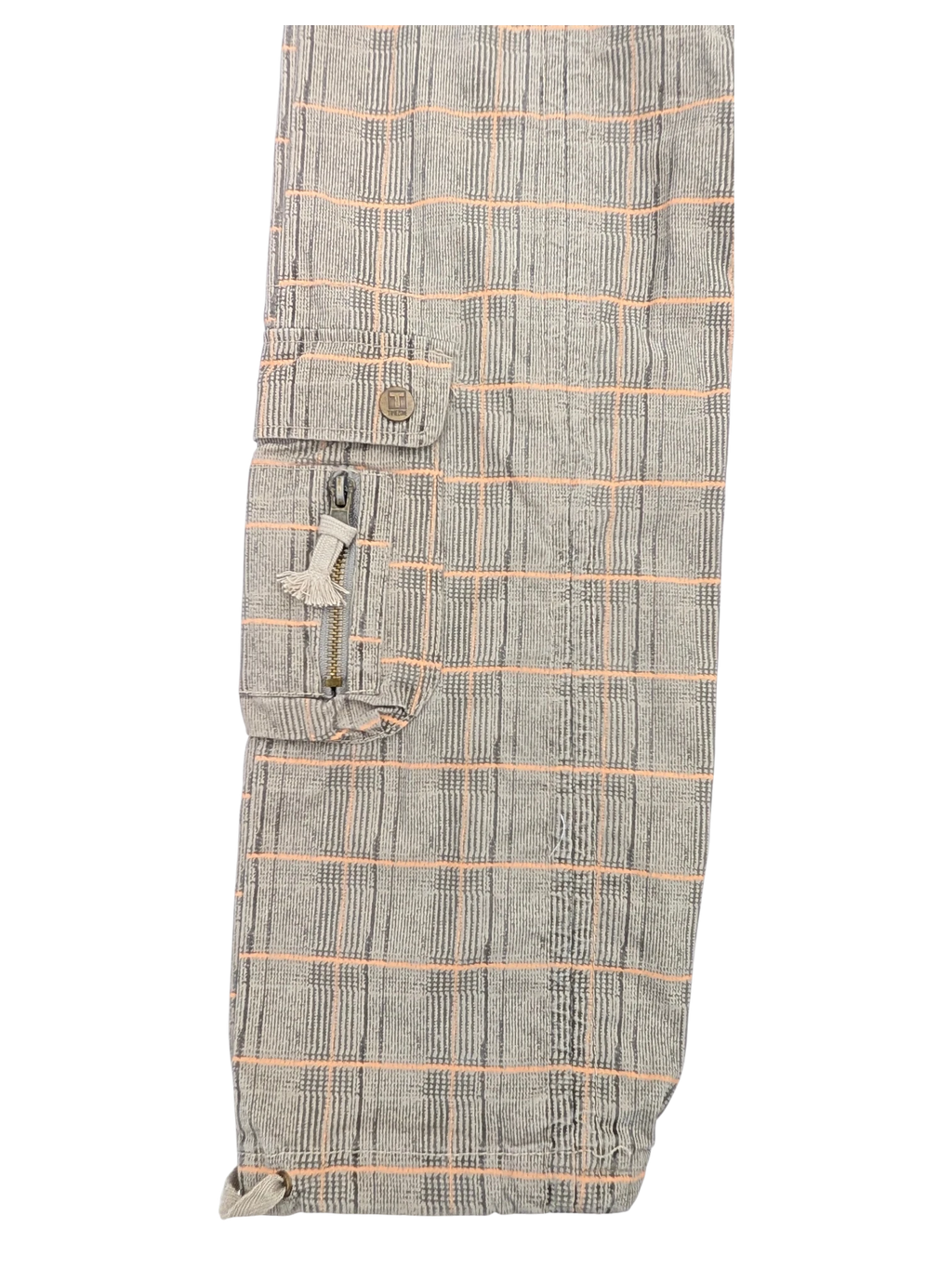 JAKE & IPI grey and pink plaid cargo pants with zip pockets and button closure.