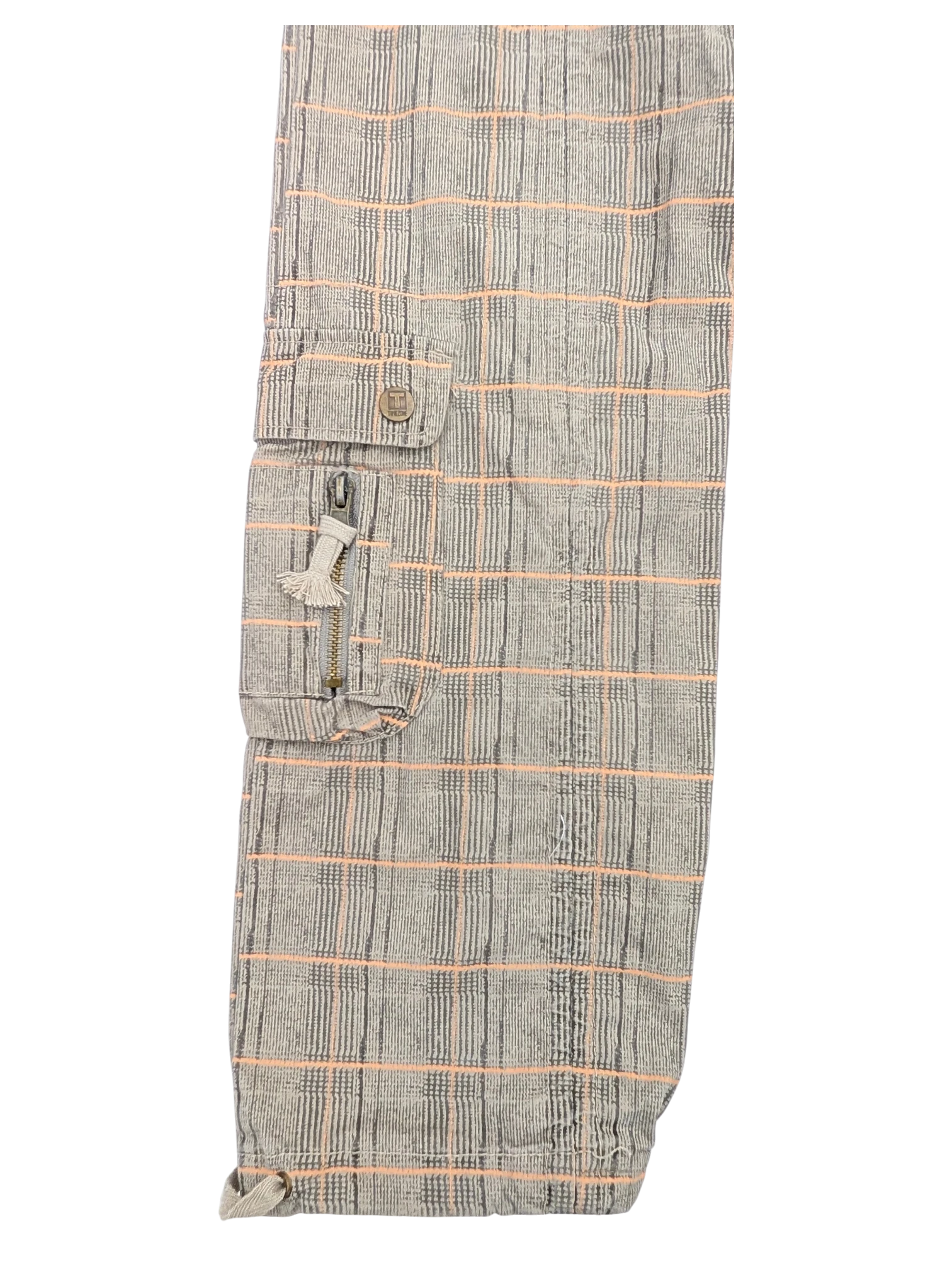 JAKE & IPI grey and pink plaid cargo pants with zip pockets and button closure.