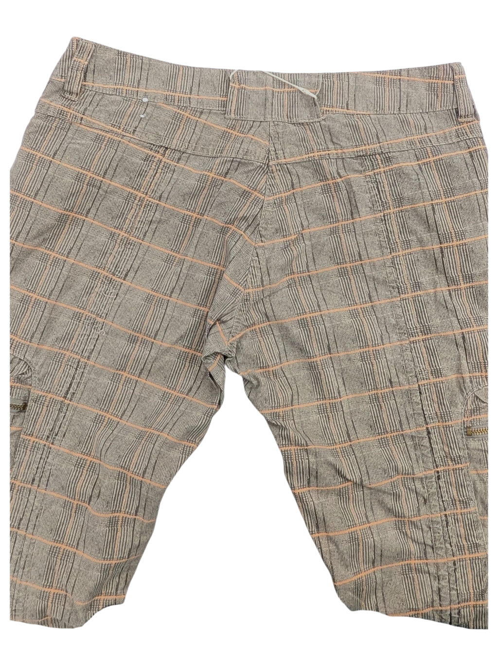 JAKE & IPI grey and pink plaid cargo pants with drawstring waist and multiple pockets.