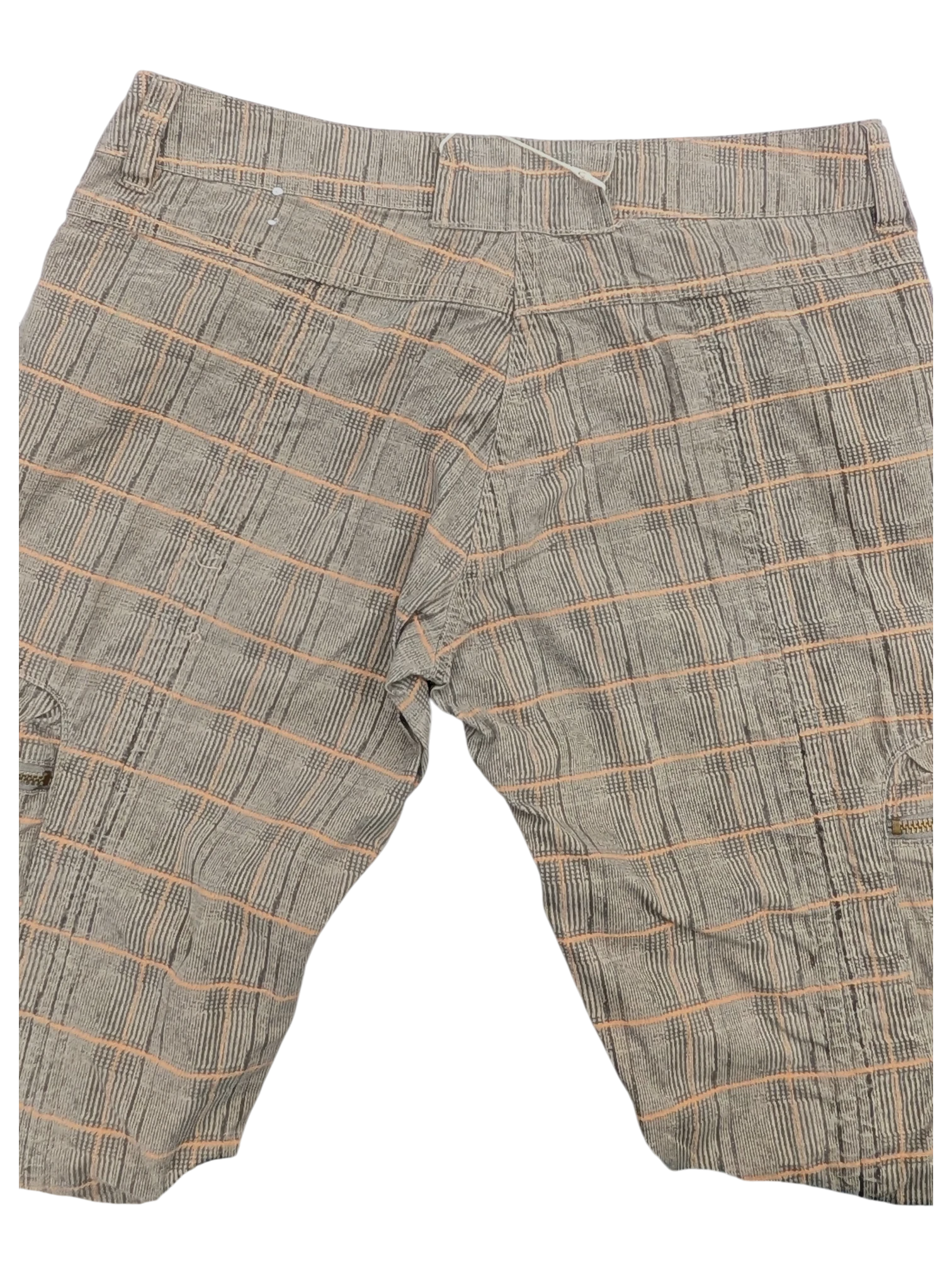 JAKE & IPI grey and pink plaid cargo pants with drawstring waist and multiple pockets.