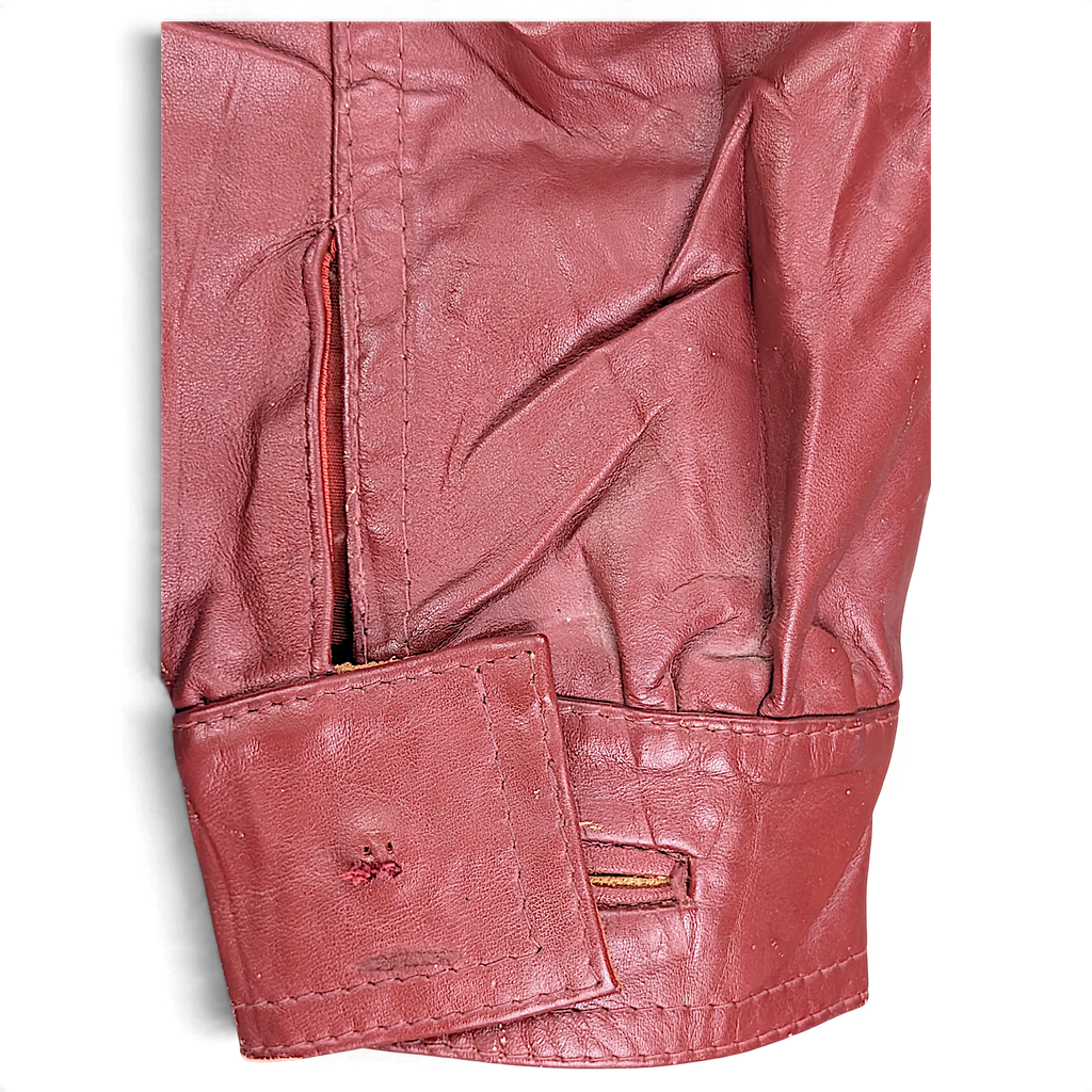 Vintage Red Genuine Leather Jacket Made in Uruguay – 14 – cuff button and wear.
