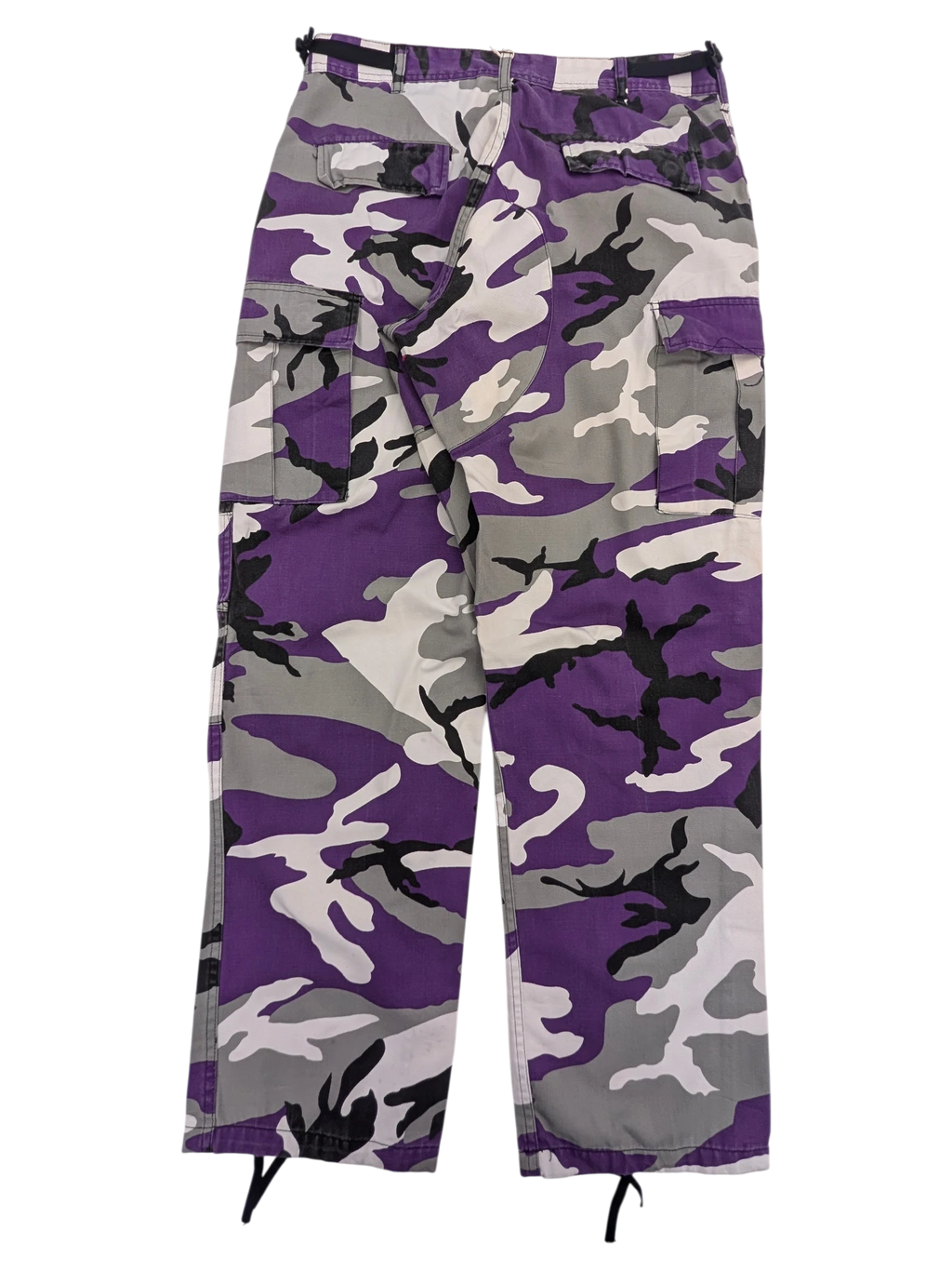 JAKE & IPI purple, white, grey, and black camouflage cargo pants with multiple pockets and drawstring ankles.