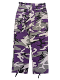 JAKE & IPI purple, white, grey, and black camouflage cargo pants with multiple pockets and drawstring ankles.