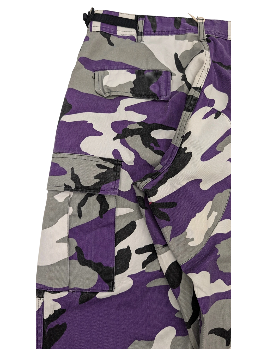 JAKE & IPI purple, grey, white, and black camouflage cargo pants with multiple pockets.
