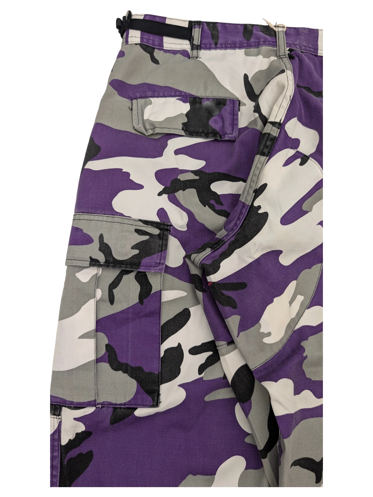 JAKE & IPI purple, grey, white, and black camouflage cargo pants with multiple pockets.