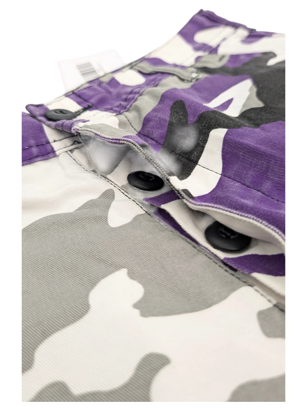 JAKE & IPI purple, white, and grey camouflage cargo pants with black button closures.