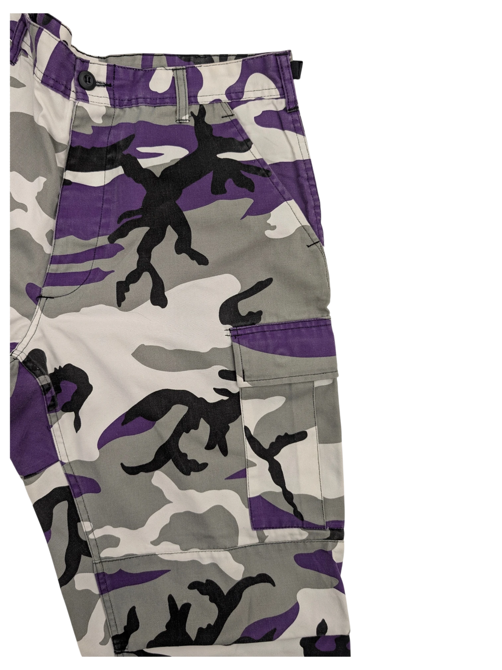 JAKE & IPI purple, grey, and white camouflage cargo pants with black accents.