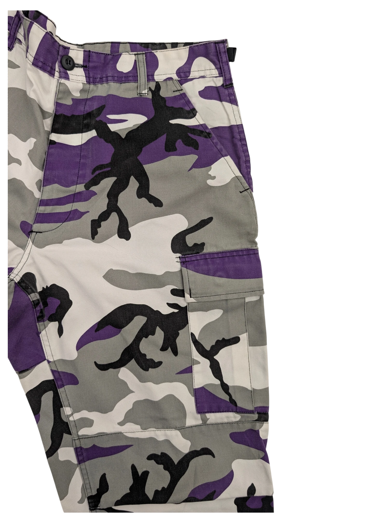 JAKE & IPI purple, grey, and white camouflage cargo pants with black accents.