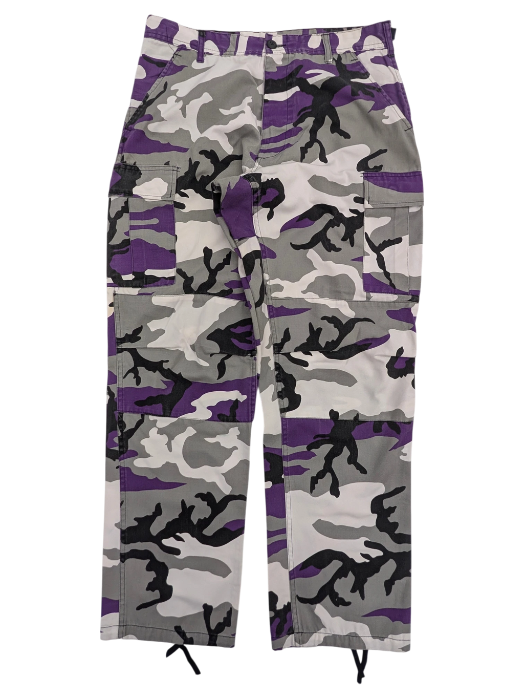 JAKE & IPI purple camouflage cargo pants with multiple pockets and drawstring ankles.