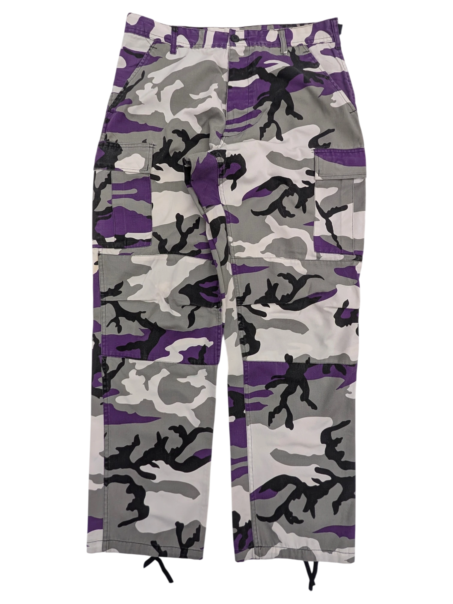 JAKE & IPI purple camouflage cargo pants with multiple pockets and drawstring ankles.