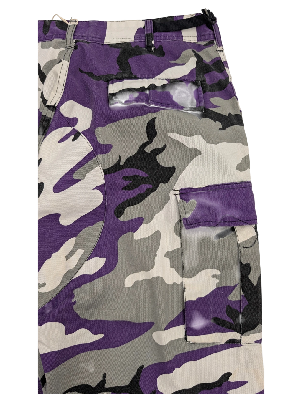 JAKE & IPI purple, grey, white, and black camouflage cargo pants with multiple pockets.