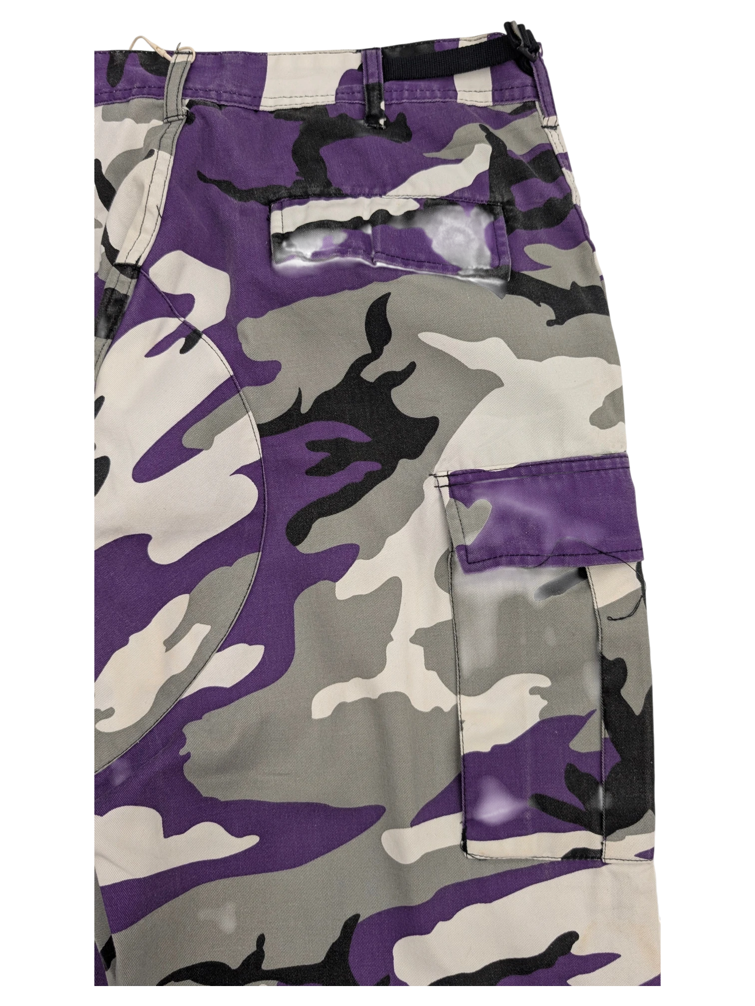 JAKE & IPI purple, grey, white, and black camouflage cargo pants with multiple pockets.
