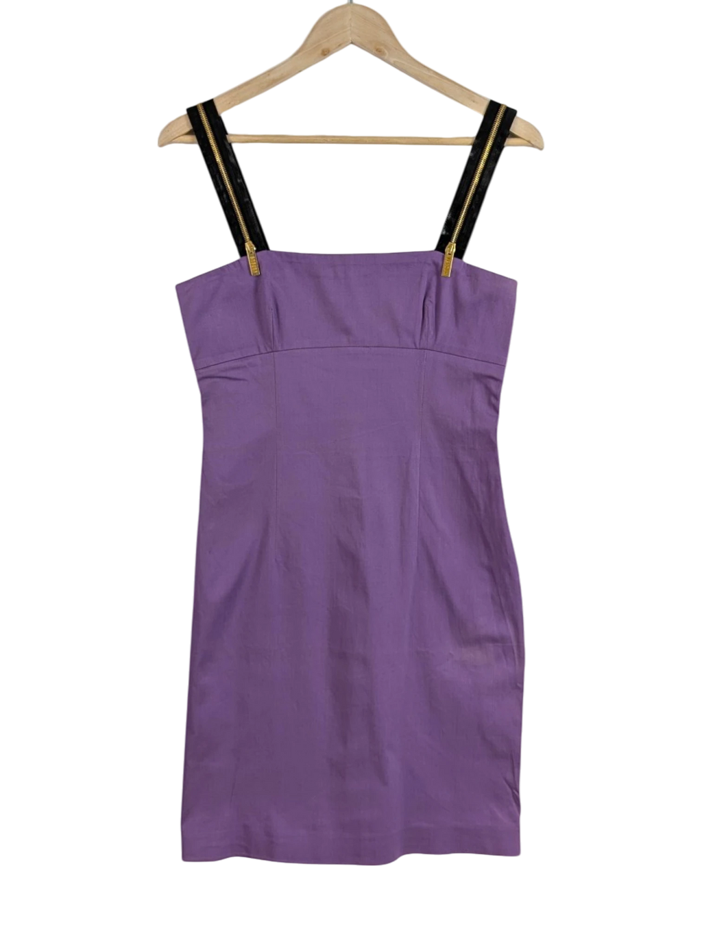 JAKE & IPI purple cotton blend fitted dress with black zip straps and gold hardware. Y2K style.