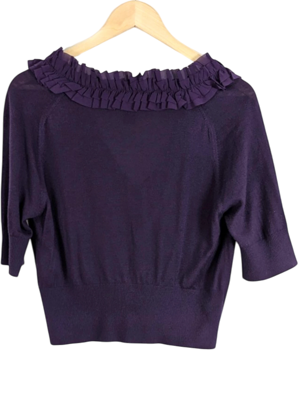 JAKE & IPI deep purple wool-viscose blend knit cardigan with ruffled neckline and three-quarter sleeves.