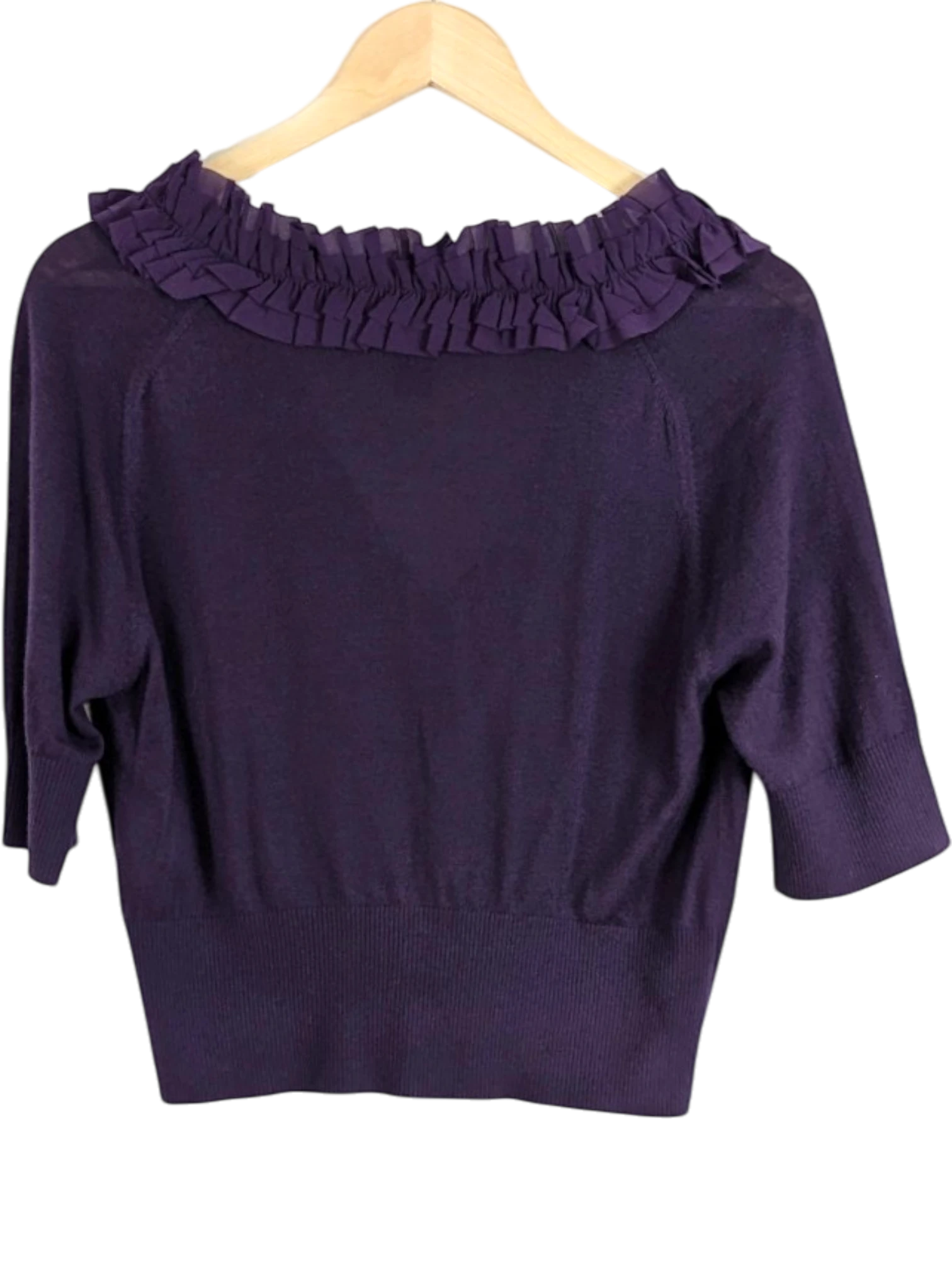 JAKE & IPI deep purple wool-viscose blend knit cardigan with ruffled neckline and three-quarter sleeves.