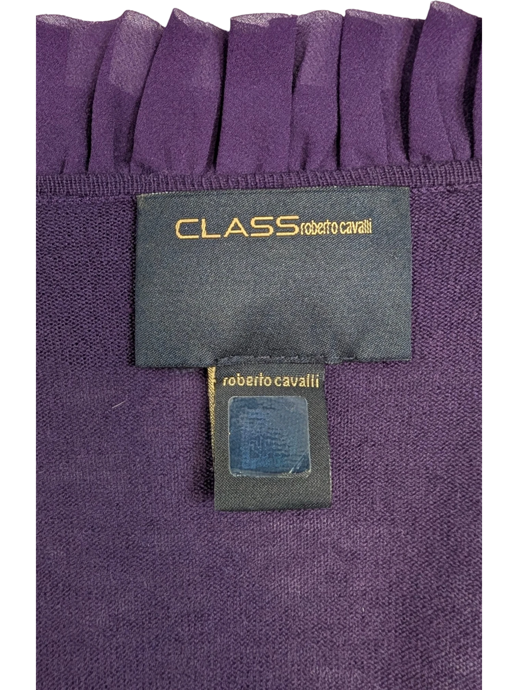 JAKE & IPI deep purple knit cardigan with sculptural silk ruffle trim and three-quarter sleeves. Made in Italy.