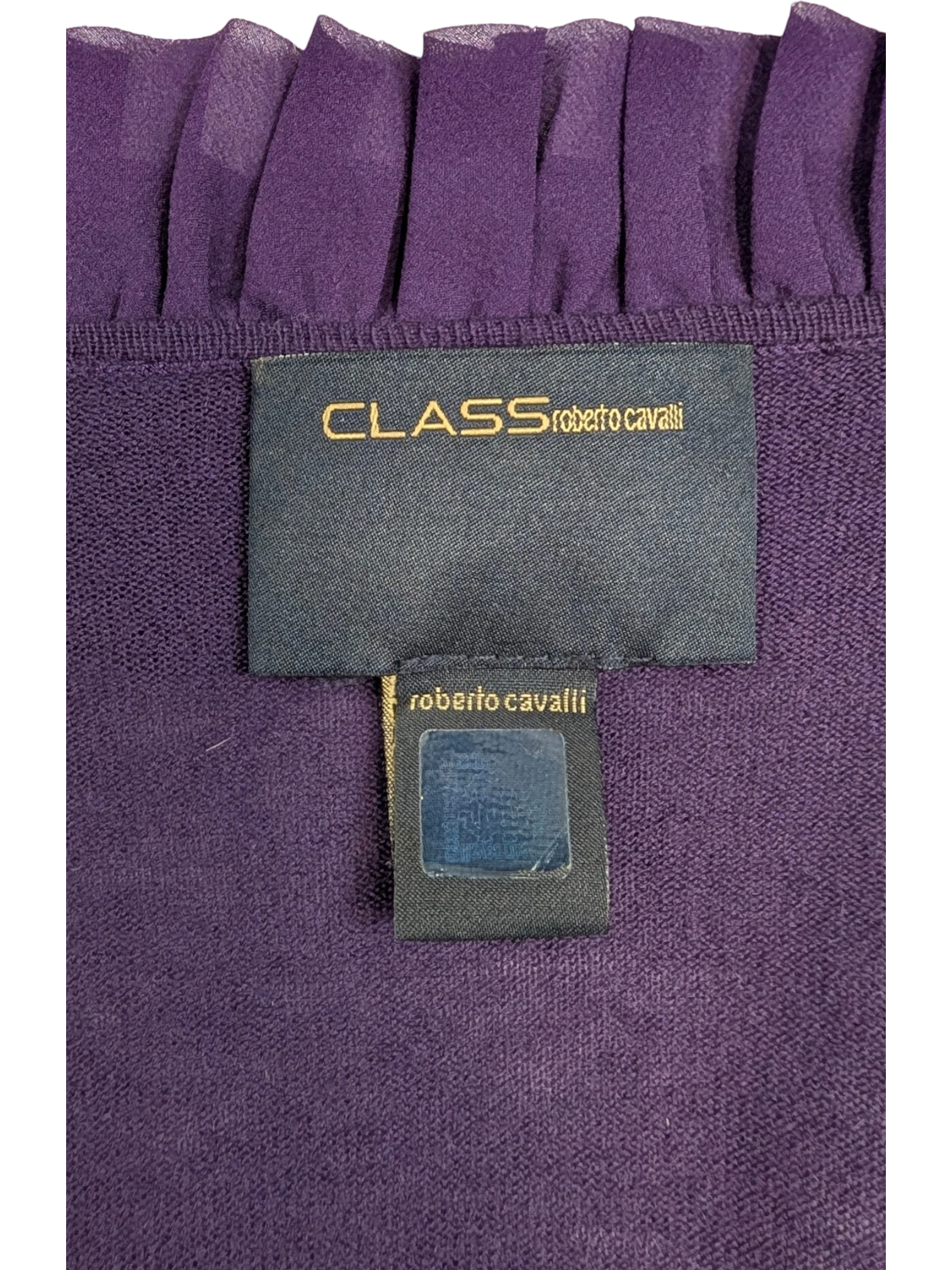 JAKE & IPI deep purple knit cardigan with sculptural silk ruffle trim and three-quarter sleeves. Made in Italy.