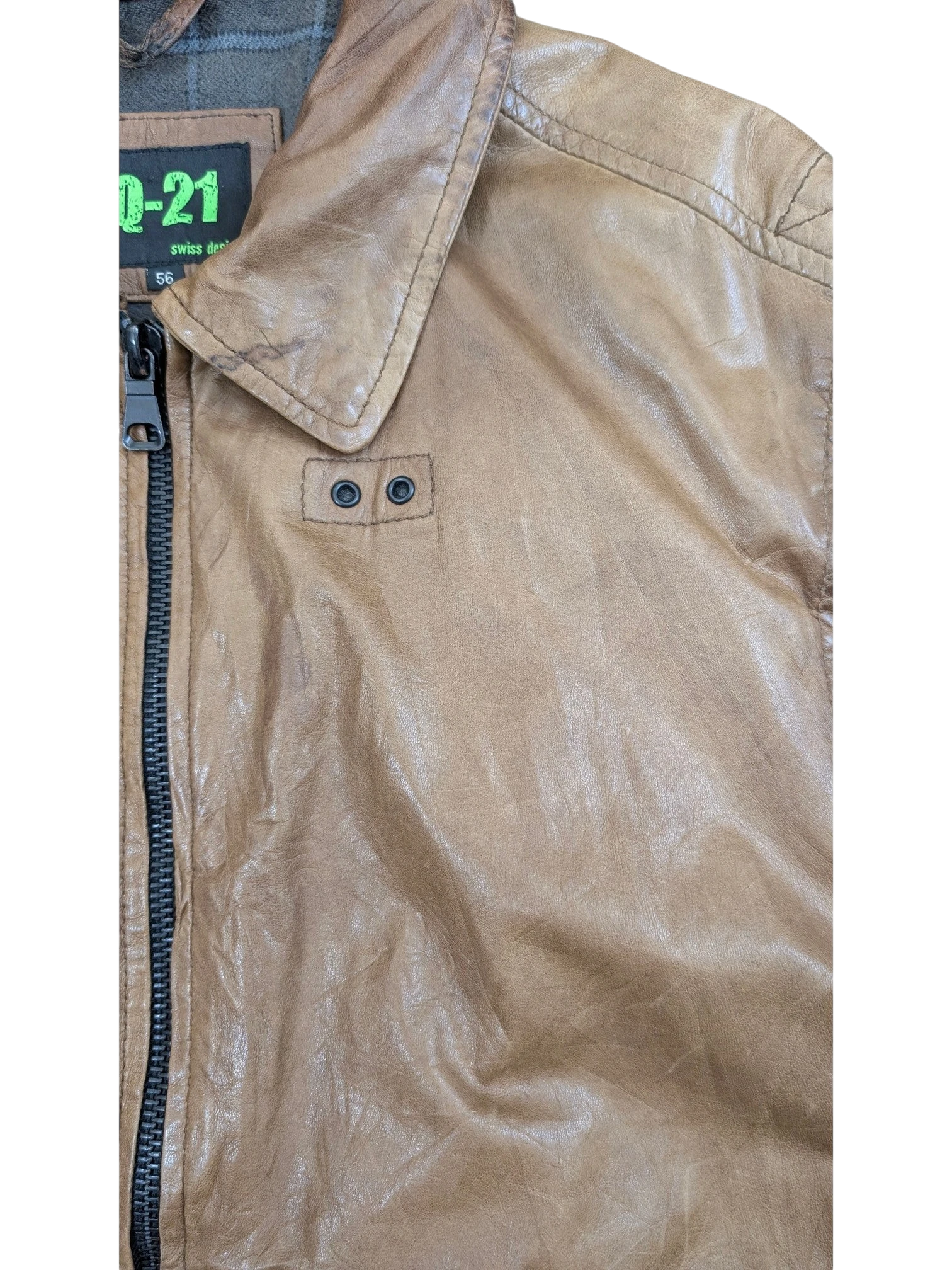 JAKE & IPI Q-21 brown distressed leather jacket with zip closure and snap details.