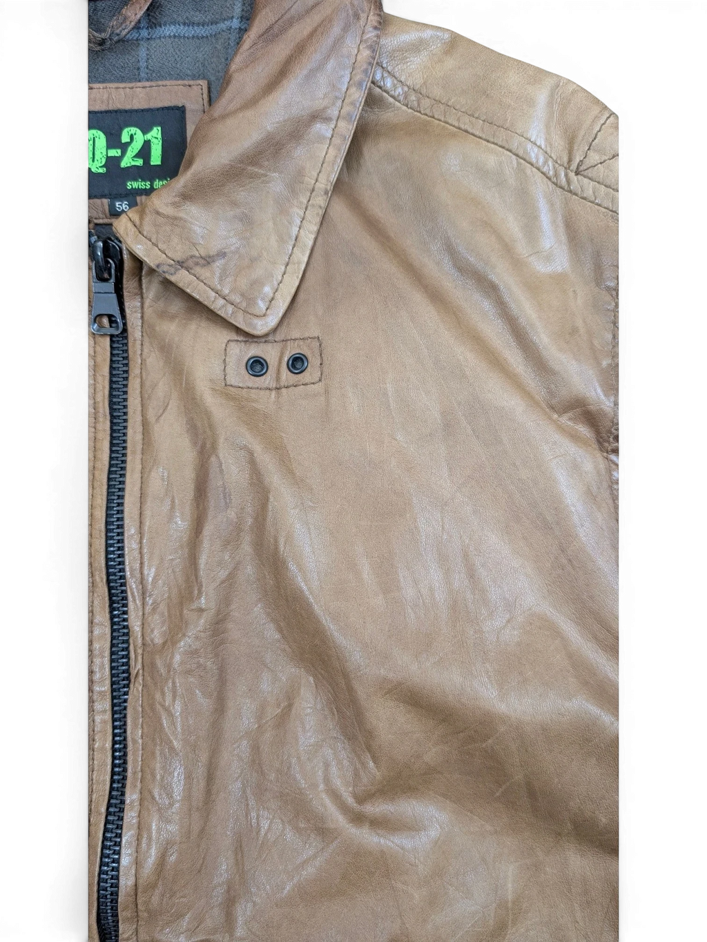 JAKE & IPI Q-21 brown distressed leather jacket with zip closure and snap details.
