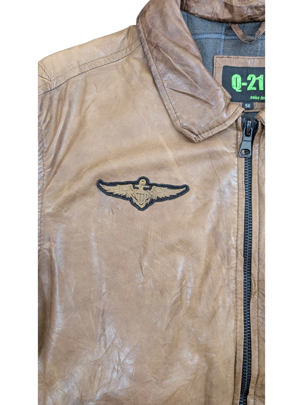 JAKE & IPI Q-21 distressed brown leather bomber jacket with embroidered wings patch and plaid lining.