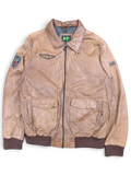 JAKE & IPI Q-21 distressed brown leather bomber jacket with patches and utility pockets.