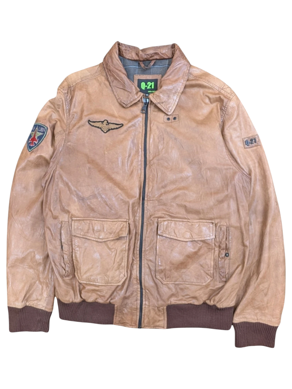 JAKE & IPI Q-21 distressed brown leather bomber jacket with patches and utility pockets.