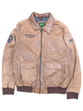 JAKE & IPI Q-21 distressed brown leather bomber jacket with patches and utility pockets.