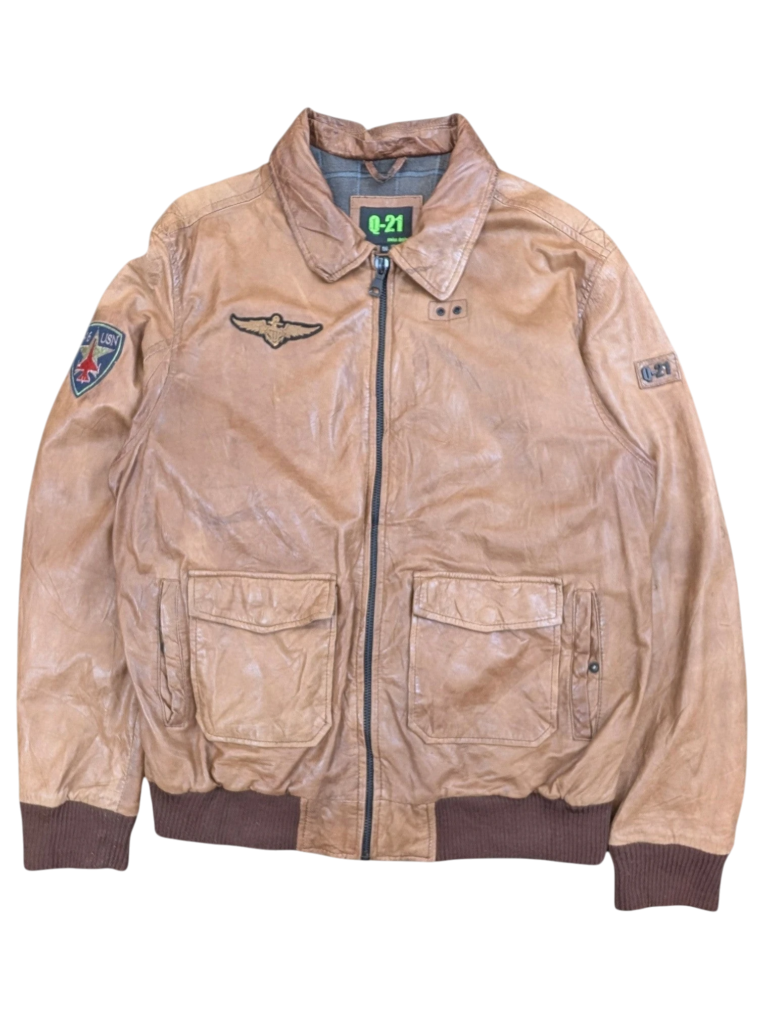 JAKE & IPI Q-21 distressed brown leather bomber jacket with patches and utility pockets.