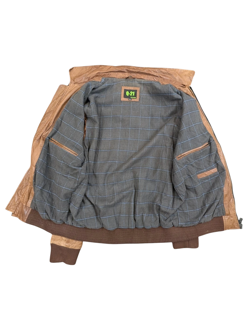 JAKE & IPI Q-21 brown leather bomber jacket with plaid lining and ribbed cuffs.