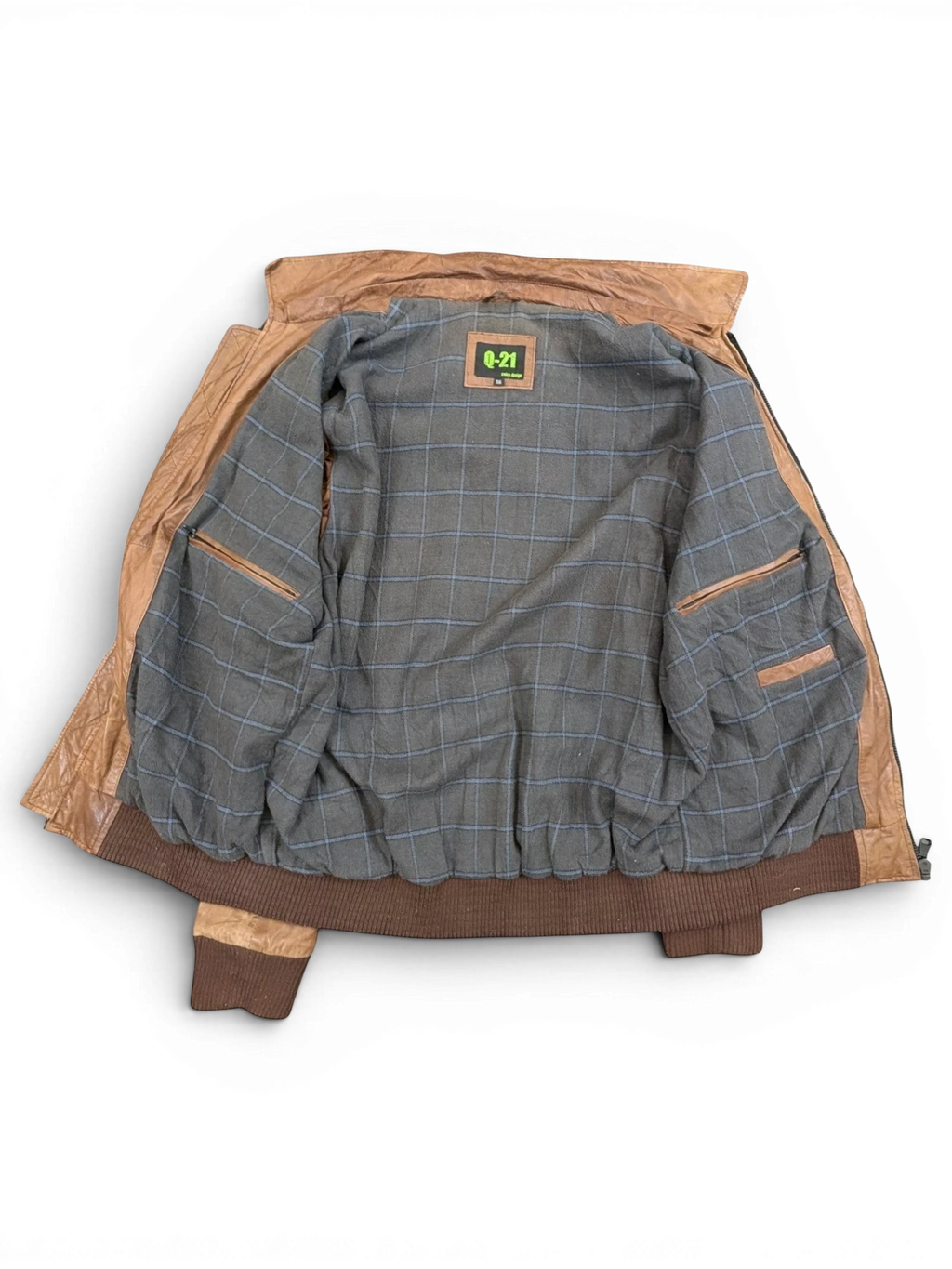 JAKE & IPI Q-21 brown leather bomber jacket with plaid lining and ribbed cuffs.