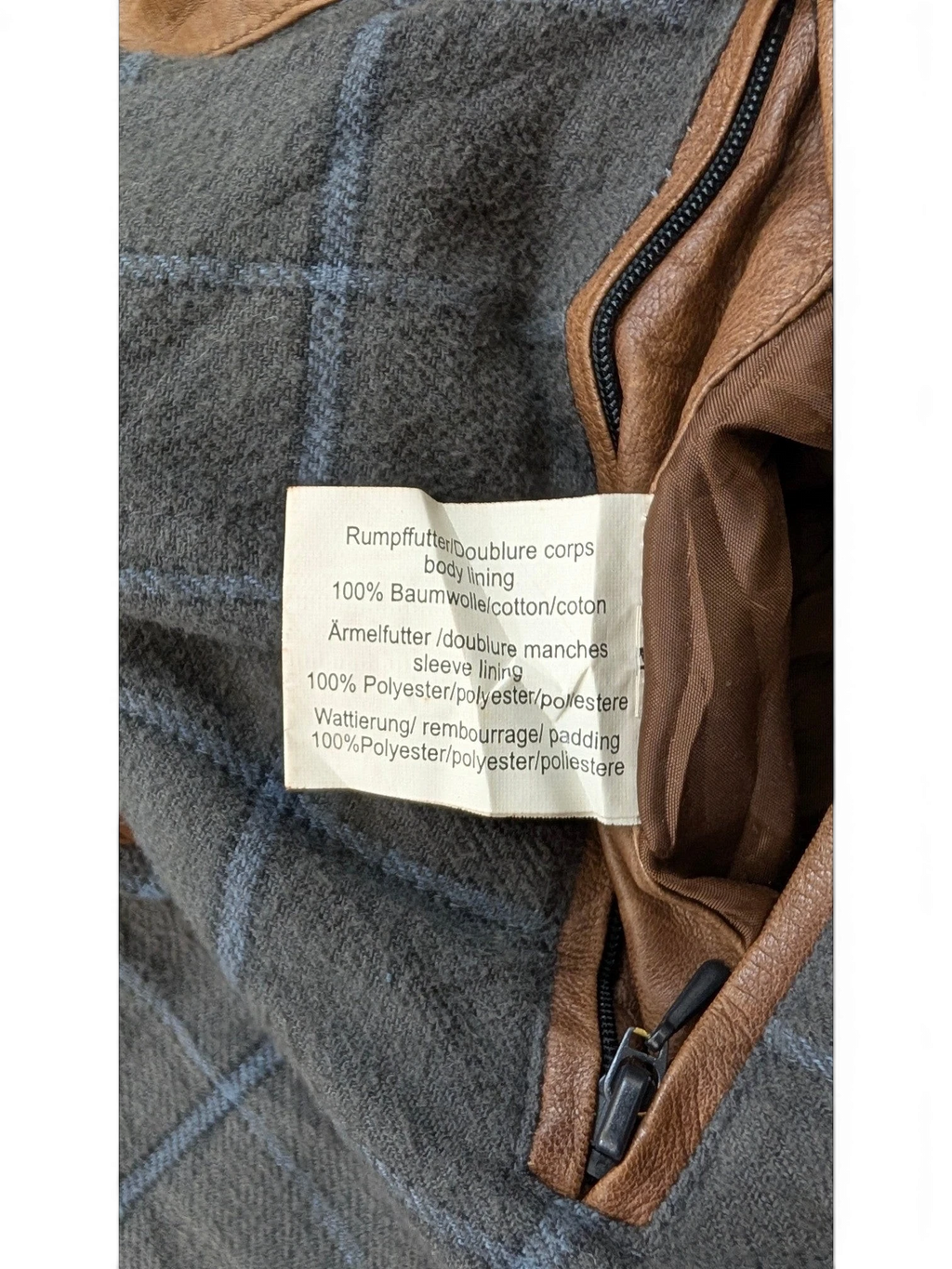 JAKE & IPI Q-21 leather jacket with grey plaid wool lining and brown leather trim.