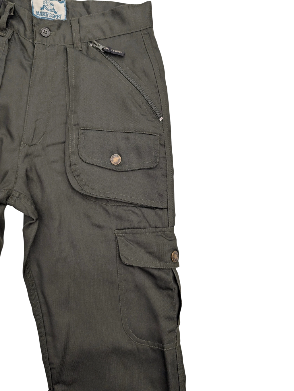 JAKE & IPI Ranger's Sport cargo pants in dark green with multiple buttoned flap pockets and a zippered pocket.