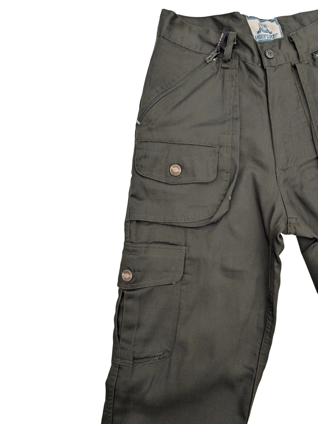 JAKE & IPI Ranger's Sport cargo pants in dark green with multiple pockets and zippers.