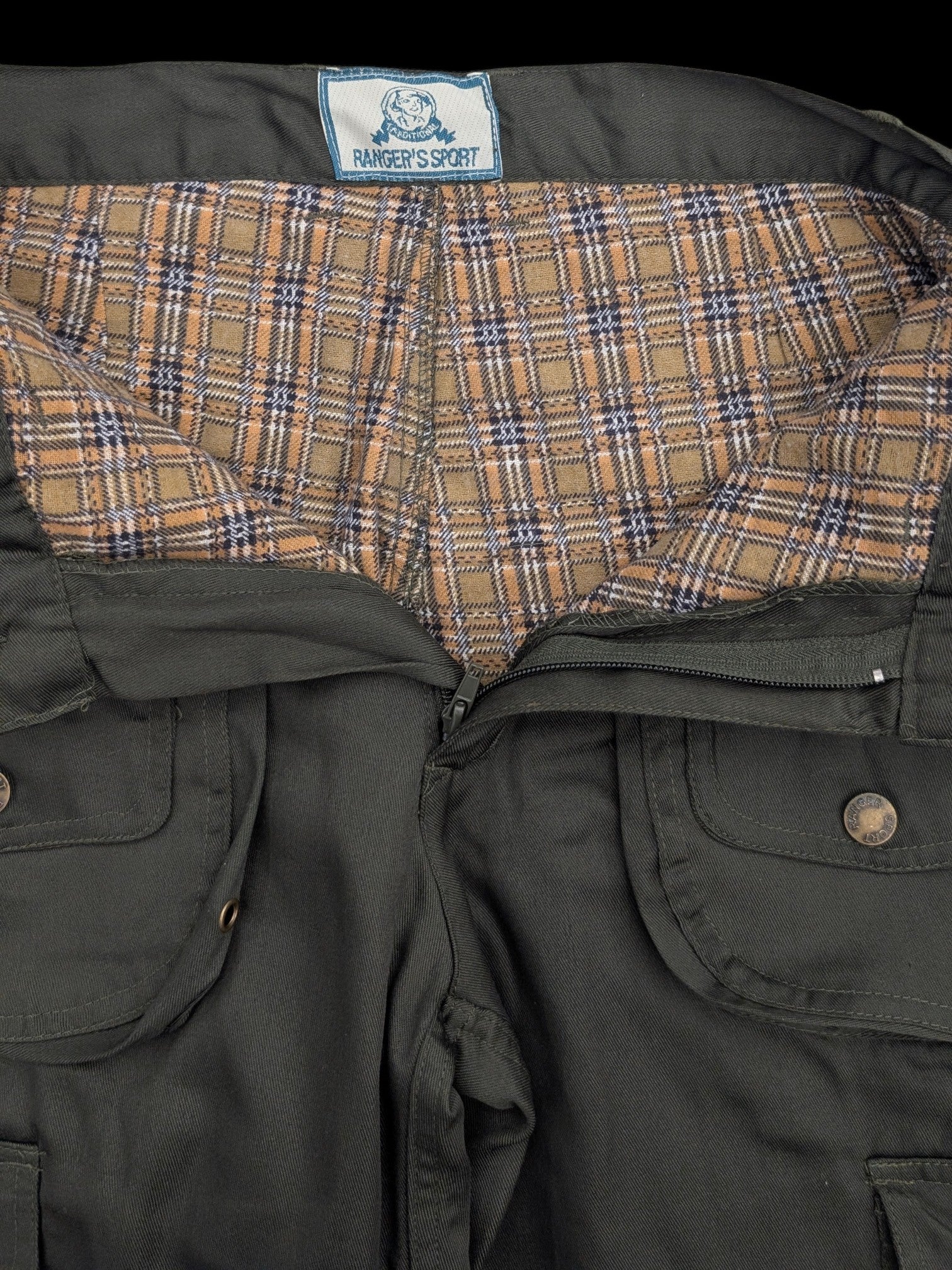 JAKE & IPI Ranger's Sport cargo pants in dark green with plaid lining and multiple pockets.