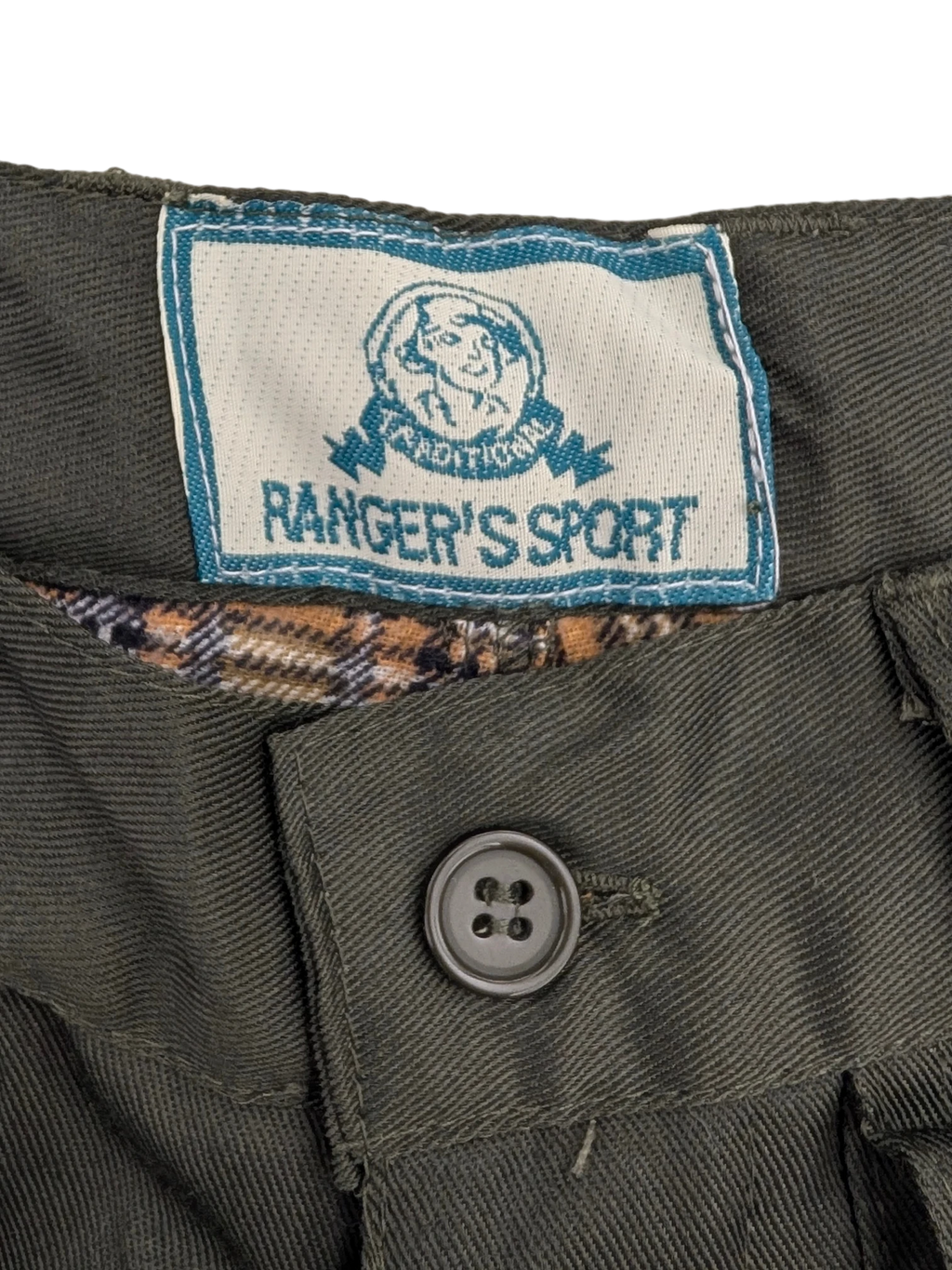 JAKE & IPI Ranger's Sport cargo pants in dark green with a plaid lining and button closure.