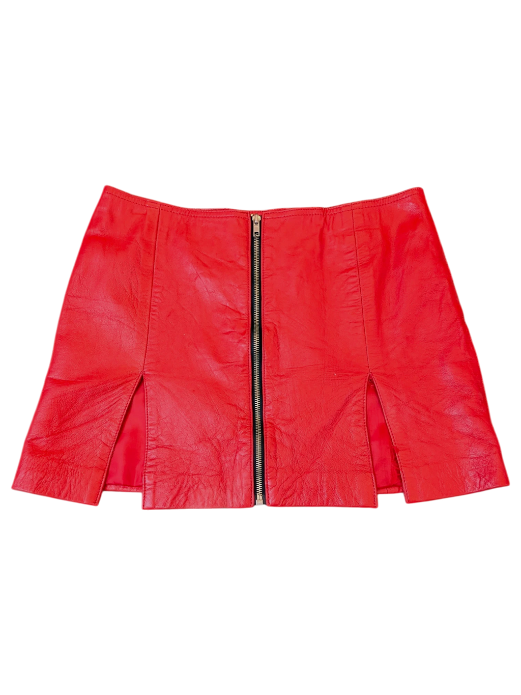 JAKE & IPI red leather mini skirt with a full-length front zipper and dual side slits.