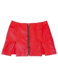JAKE & IPI red leather mini skirt with a full-length front zipper and dual side slits.