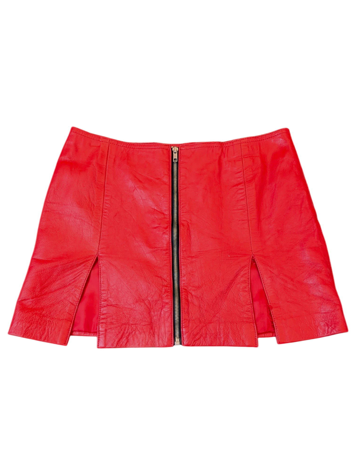 JAKE & IPI red leather mini skirt with a full-length front zipper and dual side slits.