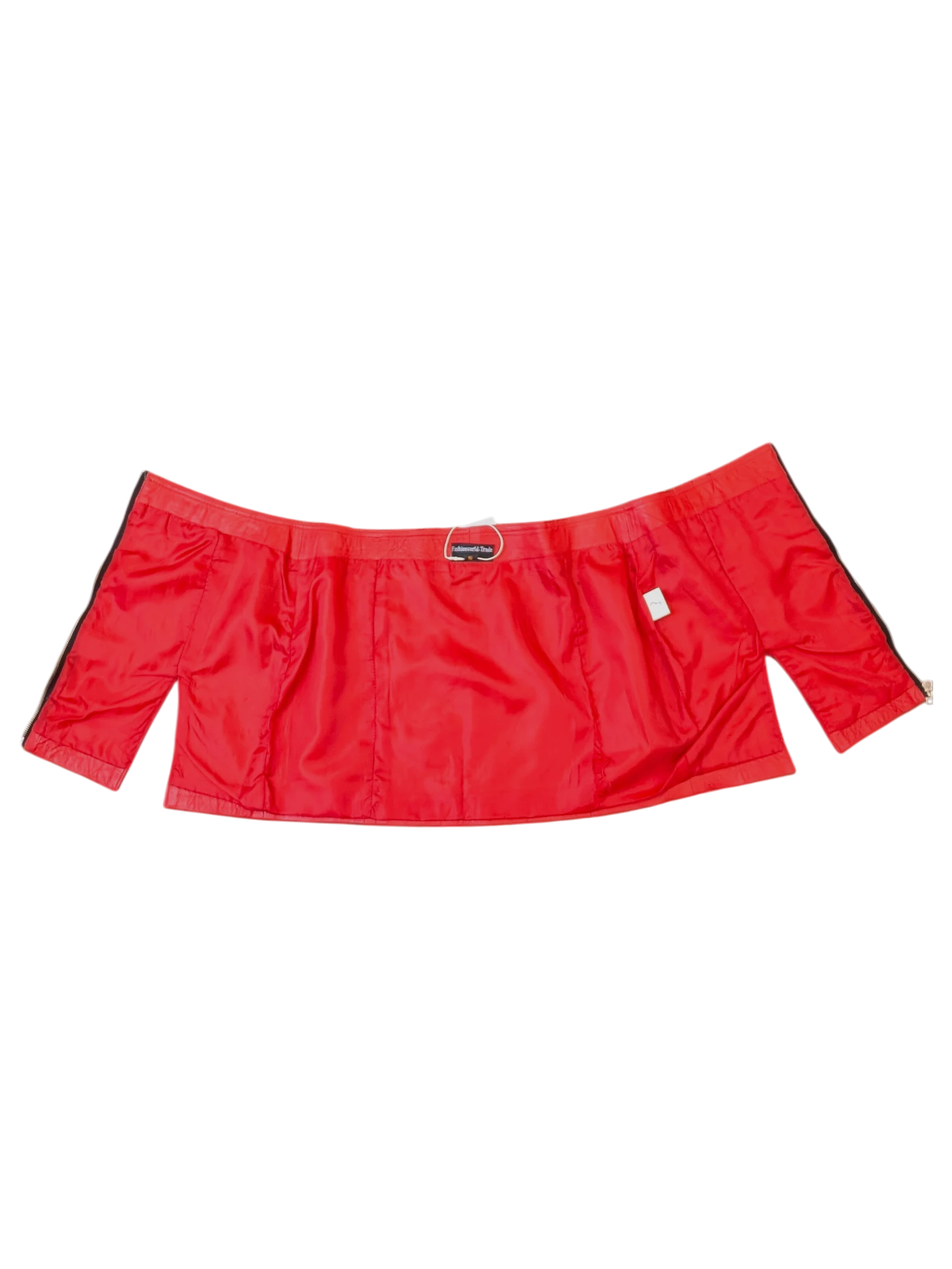 JAKE & IPI red leather skirt laid flat, featuring a smooth satin lining and side zipper closure.