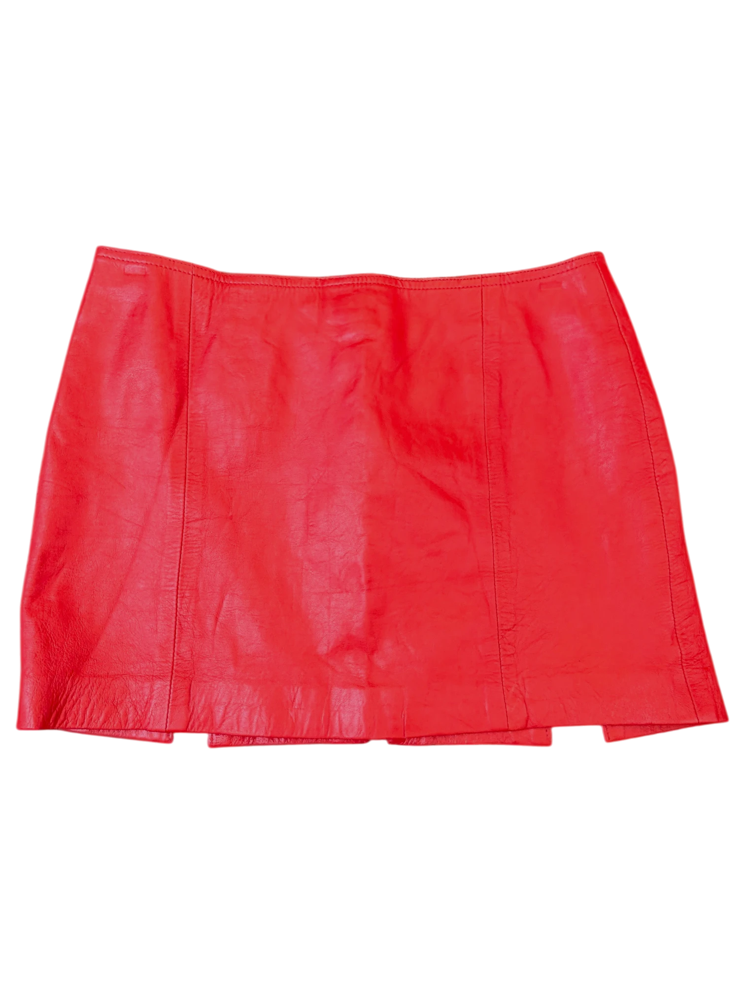 JAKE & IPI red leather mini skirt with panelled construction and a straight hemline.